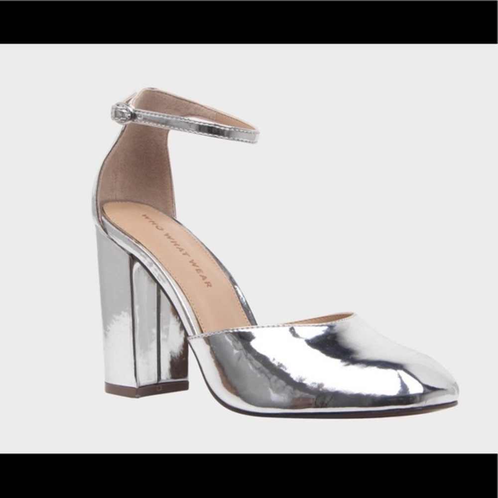 Silver Patent Block Heel Pump